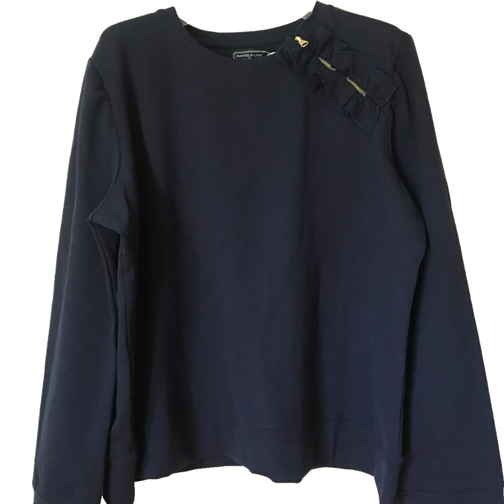 NEW Duffield Lane Delaine Pullover Sweatshirt Navy SIZE 3XL Ruffle Zipper Accent